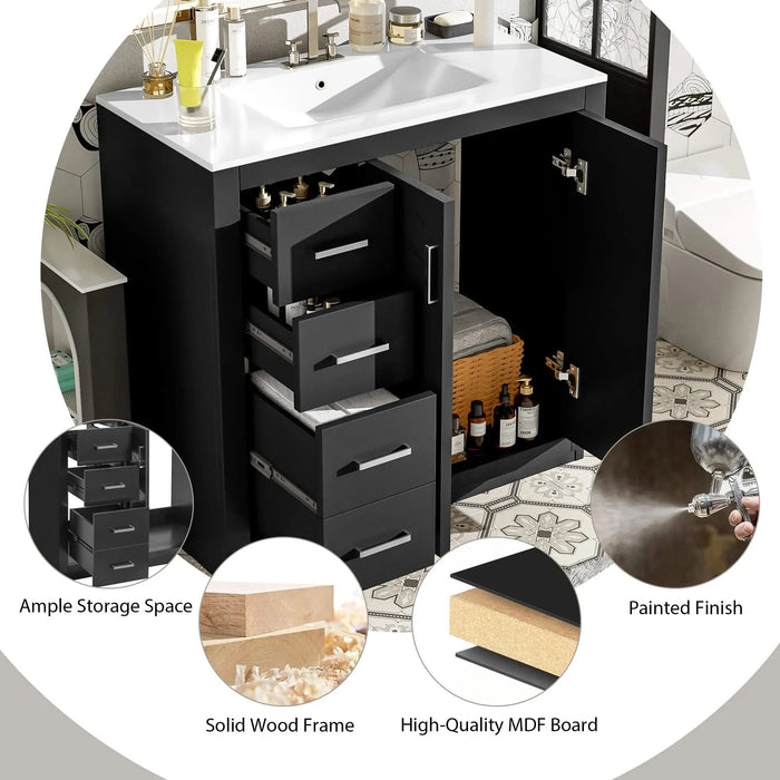 36'' Bathroom Vanity with Ceramic Sink Combo, Solid Wood Frame Bathroom Storage Cabinet, Freestanding Vanity Set with 3 Drawers& Soft Closing Doors Default -DTYStore