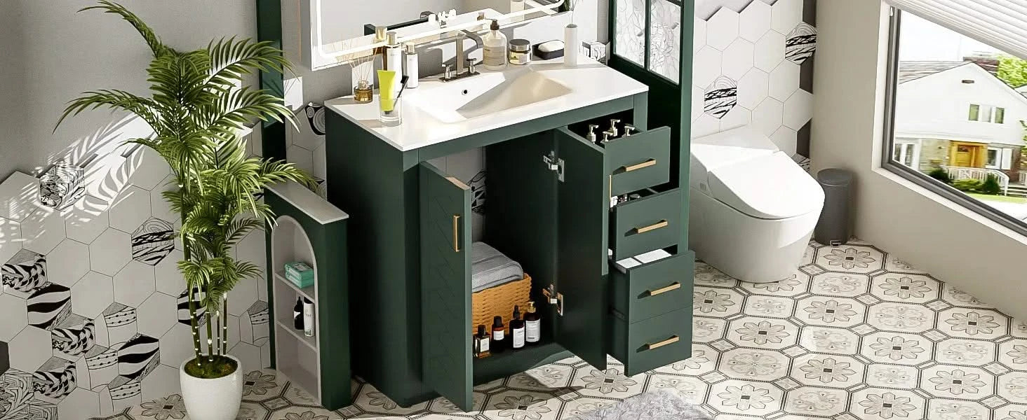 36'' Bathroom Vanity with Ceramic Sink Combo, Solid Wood Frame Bathroom Storage Cabinet, Freestanding Vanity Set with 3 Drawers& Soft Closing Doors Default -DTYStore