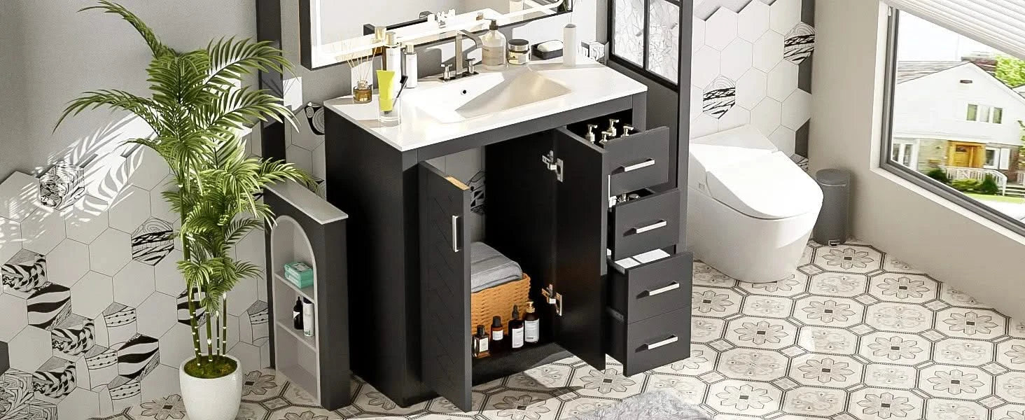 36'' Bathroom Vanity with Ceramic Sink Combo, Solid Wood Frame Bathroom Storage Cabinet, Freestanding Vanity Set with 3 Drawers& Soft Closing Doors Default -DTYStore