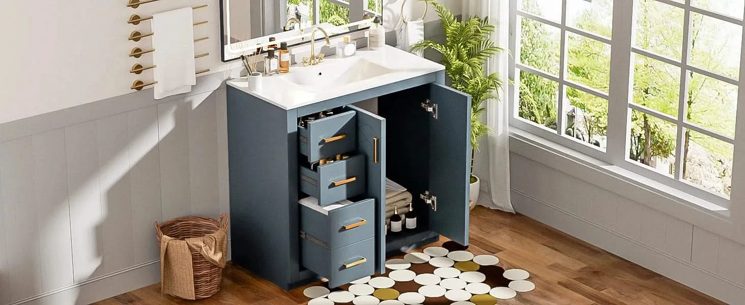 36'' Bathroom Vanity with Ceramic Sink Combo, Solid Wood Frame Bathroom Storage Cabinet, Freestanding Vanity Set with 3 Drawers& Soft Closing Doors Default -DTYStore