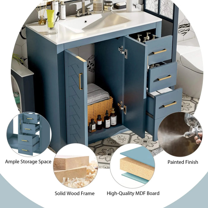 36'' Bathroom Vanity with Ceramic Sink Combo, Solid Wood Frame Bathroom Storage Cabinet, Freestanding Vanity Set with 3 Drawers& Soft Closing Doors Default -DTYStore