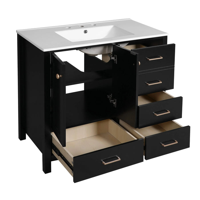 36'' Bathroom Vanity with Ceramic Sink Combo, Solid Wood Frame Bathroom Storage Cabinet, Freestanding Vanity Set with 4 Drawers& Soft Closing Doors, Black Default -DTYStore