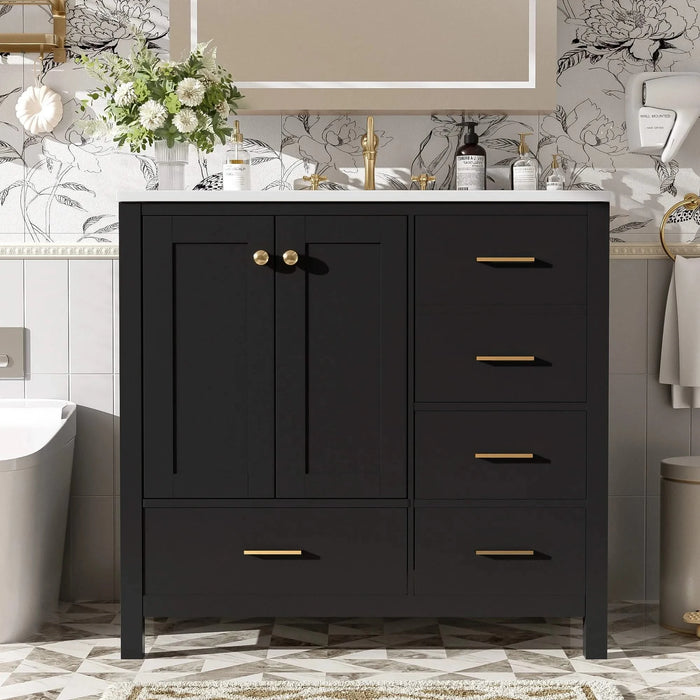 36'' Bathroom Vanity with Ceramic Sink Combo, Solid Wood Frame Bathroom Storage Cabinet, Freestanding Vanity Set with 4 Drawers& Soft Closing Doors, Black Default -DTYStore