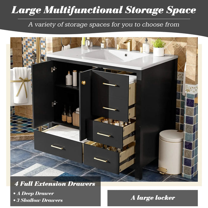 36'' Bathroom Vanity with Ceramic Sink Combo, Solid Wood Frame Bathroom Storage Cabinet, Freestanding Vanity Set with 4 Drawers& Soft Closing Doors, Black Default -DTYStore