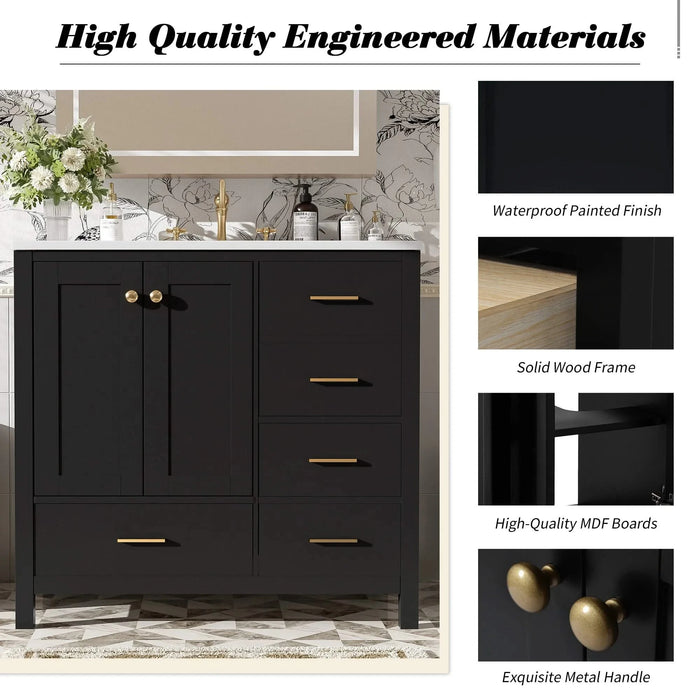 36'' Bathroom Vanity with Ceramic Sink Combo, Solid Wood Frame Bathroom Storage Cabinet, Freestanding Vanity Set with 4 Drawers& Soft Closing Doors, Black Default -DTYStore