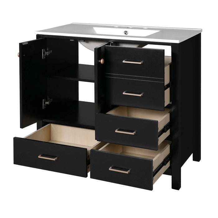 36'' Bathroom Vanity with Ceramic Sink Combo, Solid Wood Frame Bathroom Storage Cabinet, Freestanding Vanity Set with 4 Drawers& Soft Closing Doors, Black Default -DTYStore