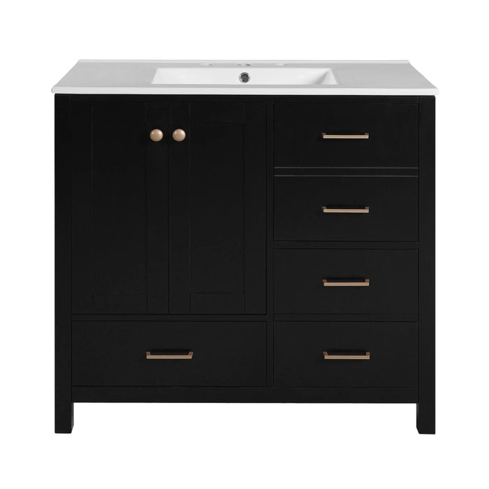 36'' Bathroom Vanity with Ceramic Sink Combo, Solid Wood Frame Bathroom Storage Cabinet, Freestanding Vanity Set with 4 Drawers& Soft Closing Doors, Black Default -DTYStore