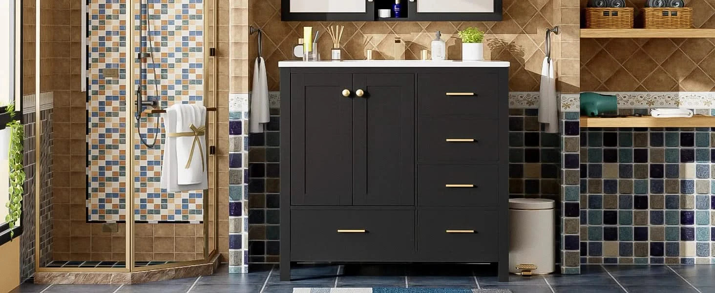 36'' Bathroom Vanity with Ceramic Sink Combo, Solid Wood Frame Bathroom Storage Cabinet, Freestanding Vanity Set with 4 Drawers& Soft Closing Doors, Black Default -DTYStore