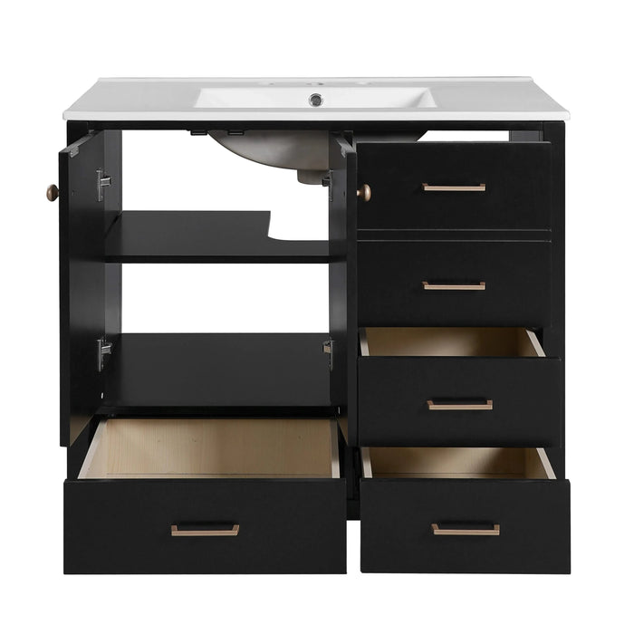 36'' Bathroom Vanity with Ceramic Sink Combo, Solid Wood Frame Bathroom Storage Cabinet, Freestanding Vanity Set with 4 Drawers& Soft Closing Doors, Black Default -DTYStore