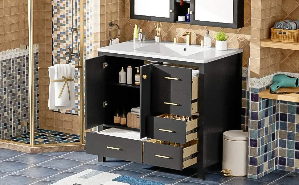 36'' Bathroom Vanity with Ceramic Sink Combo, Solid Wood Frame Bathroom Storage Cabinet, Freestanding Vanity Set with 4 Drawers& Soft Closing Doors, Black Default -DTYStore