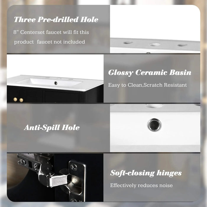 36'' Bathroom Vanity with Ceramic Sink Combo, Solid Wood Frame Bathroom Storage Cabinet, Freestanding Vanity Set with 4 Drawers& Soft Closing Doors, Black Default -DTYStore