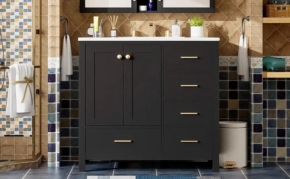 36'' Bathroom Vanity with Ceramic Sink Combo, Solid Wood Frame Bathroom Storage Cabinet, Freestanding Vanity Set with 4 Drawers& Soft Closing Doors, Black Default -DTYStore