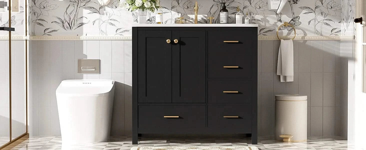 36'' Bathroom Vanity with Ceramic Sink Combo, Solid Wood Frame Bathroom Storage Cabinet, Freestanding Vanity Set with 4 Drawers& Soft Closing Doors, Black Default -DTYStore