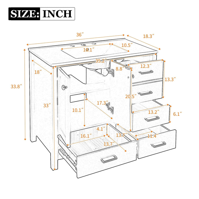 36'' Bathroom Vanity with Ceramic Sink Combo, Solid Wood Frame Bathroom Storage Cabinet, Freestanding Vanity Set with 4 Drawers& Soft Closing Doors, Black Default -DTYStore