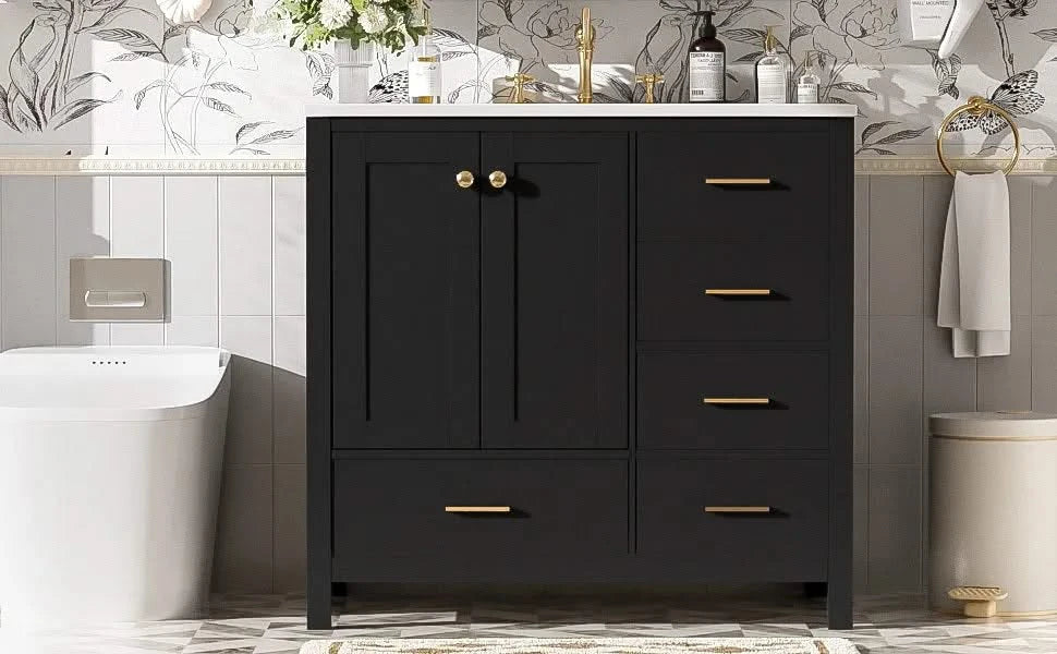 36'' Bathroom Vanity with Ceramic Sink Combo, Solid Wood Frame Bathroom Storage Cabinet, Freestanding Vanity Set with 4 Drawers& Soft Closing Doors, Black Default -DTYStore