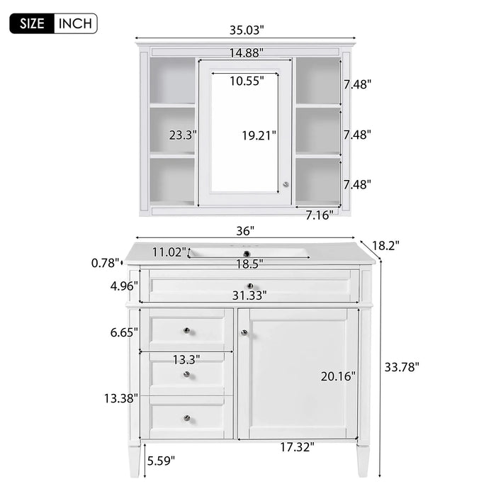 36'' Bathroom Vanity with Medicine Cabinet, Modern Bathroom Storage Cabinet with 2 Soft Closing Doors and 4 Drawers, Single Sink Bathroom Vanity Default -DTYStore