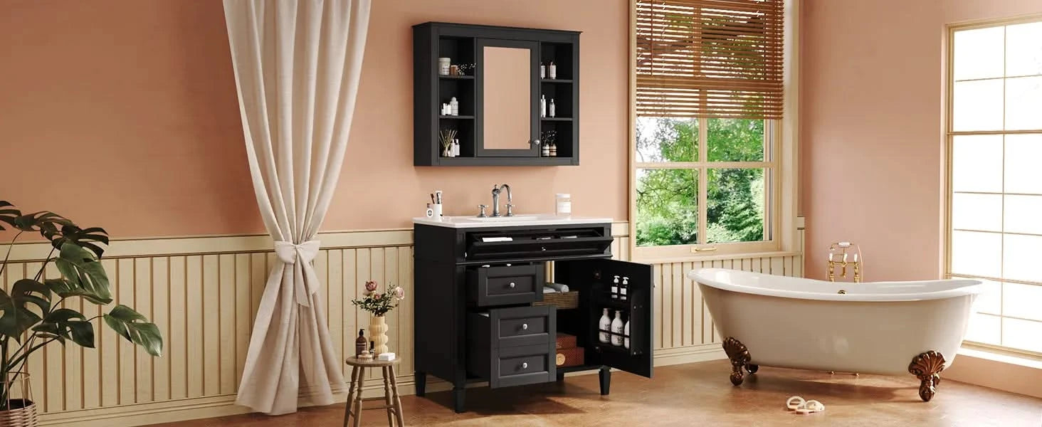 36'' Bathroom Vanity with Medicine Cabinet, Modern Bathroom Storage Cabinet with 2 Soft Closing Doors and 4 Drawers, Single Sink Bathroom Vanity Default -DTYStore