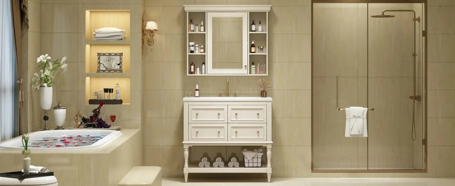 36'' Bathroom Vanity with Medicine Cabinet, Modern Mirror Cabinet with Adjustable Shelf, Bathroom Storage Cabinet with 4 Drawers, Solid Wood Frame Bathroom Storage Cabinet Default -DTYStore