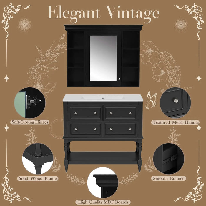 36'' Bathroom Vanity with Medicine Cabinet, Modern Mirror Cabinet with Adjustable Shelf, Bathroom Storage Cabinet with 4 Drawers, Solid Wood Frame Bathroom Storage Cabinet Default -DTYStore