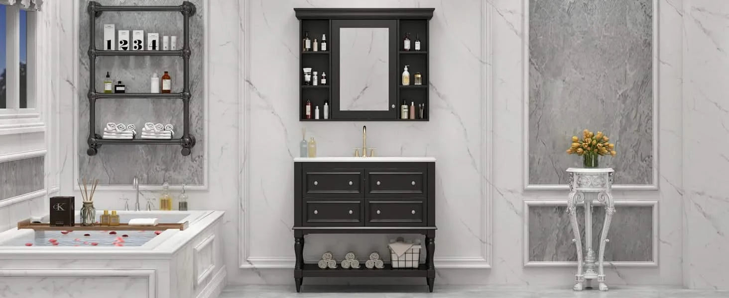 36'' Bathroom Vanity with Medicine Cabinet, Modern Mirror Cabinet with Adjustable Shelf, Bathroom Storage Cabinet with 4 Drawers, Solid Wood Frame Bathroom Storage Cabinet Default -DTYStore