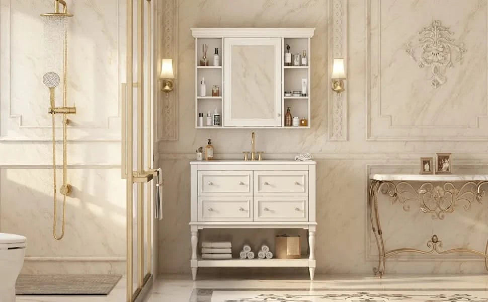 36'' Bathroom Vanity with Medicine Cabinet, Modern Mirror Cabinet with Adjustable Shelf, Bathroom Storage Cabinet with 4 Drawers, Solid Wood Frame Bathroom Storage Cabinet Default -DTYStore