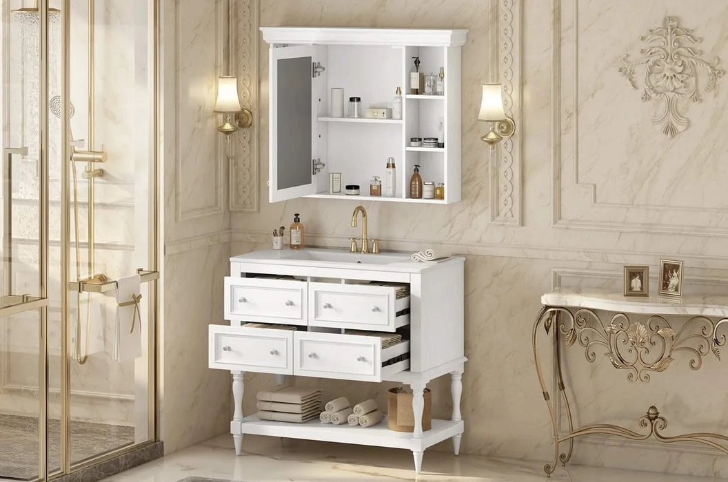 36'' Bathroom Vanity with Medicine Cabinet, Modern Mirror Cabinet with Adjustable Shelf, Bathroom Storage Cabinet with 4 Drawers, Solid Wood Frame Bathroom Storage Cabinet Default -DTYStore