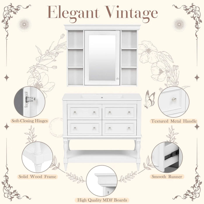 36'' Bathroom Vanity with Medicine Cabinet, Modern Mirror Cabinet with Adjustable Shelf, Bathroom Storage Cabinet with 4 Drawers, Solid Wood Frame Bathroom Storage Cabinet Default -DTYStore