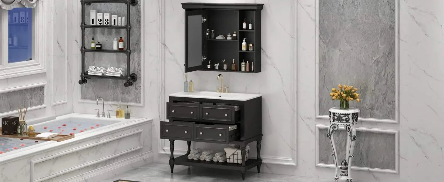 36'' Bathroom Vanity with Medicine Cabinet, Modern Mirror Cabinet with Adjustable Shelf, Bathroom Storage Cabinet with 4 Drawers, Solid Wood Frame Bathroom Storage Cabinet Default -DTYStore