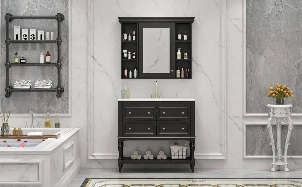 36'' Bathroom Vanity with Medicine Cabinet, Modern Mirror Cabinet with Adjustable Shelf, Bathroom Storage Cabinet with 4 Drawers, Solid Wood Frame Bathroom Storage Cabinet Default -DTYStore