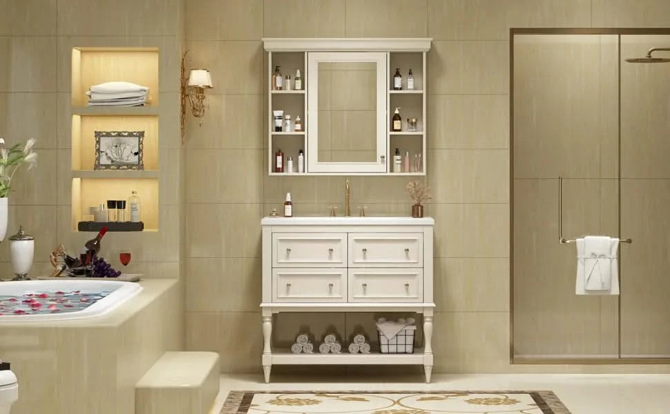 36'' Bathroom Vanity with Medicine Cabinet, Modern Mirror Cabinet with Adjustable Shelf, Bathroom Storage Cabinet with 4 Drawers, Solid Wood Frame Bathroom Storage Cabinet Default -DTYStore