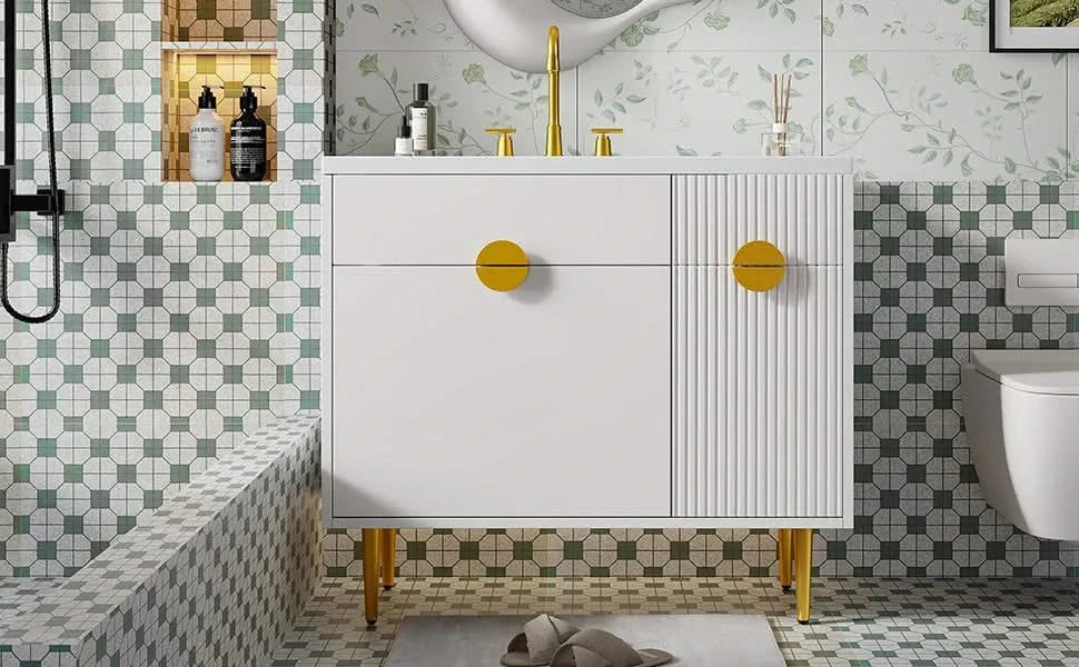 36' Bathroom Vanity with Resin Basin Sink, Modern Bathroom Sink Cabinet, Storage Cabinet with Soft-Closing Door and Drop-Down Door Default -DTYStore