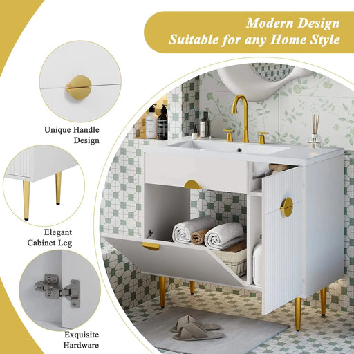 36' Bathroom Vanity with Resin Basin Sink, Modern Bathroom Sink Cabinet, Storage Cabinet with Soft-Closing Door and Drop-Down Door Default -DTYStore