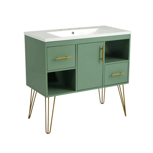 36'' Bathroom Vanity with Resin Sink Combo Set, Modern Freestanding Single Bathroom Cabinet with 2 Drawers & 2 Storage Compartments, Storage Cabinet for Bathroom, Solid Wood Frame Vanity Set, Green Default -DTYStore