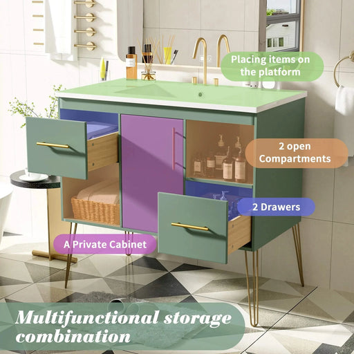 36'' Bathroom Vanity with Resin Sink Combo Set, Modern Freestanding Single Bathroom Cabinet with 2 Drawers & 2 Storage Compartments, Storage Cabinet for Bathroom, Solid Wood Frame Vanity Set, Green Default -DTYStore