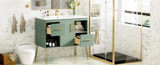 36'' Bathroom Vanity with Resin Sink Combo Set, Modern Freestanding Single Bathroom Cabinet with 2 Drawers & 2 Storage Compartments, Storage Cabinet for Bathroom, Solid Wood Frame Vanity Set, Green Default -DTYStore