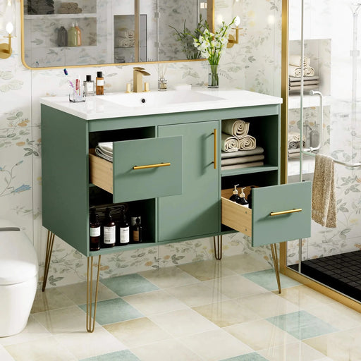 36'' Bathroom Vanity with Resin Sink Combo Set, Modern Freestanding Single Bathroom Cabinet with 2 Drawers & 2 Storage Compartments, Storage Cabinet for Bathroom, Solid Wood Frame Vanity Set, Green Default -DTYStore