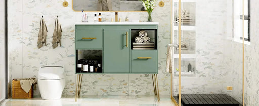 36'' Bathroom Vanity with Resin Sink Combo Set, Modern Freestanding Single Bathroom Cabinet with 2 Drawers & 2 Storage Compartments, Storage Cabinet for Bathroom, Solid Wood Frame Vanity Set, Green Default -DTYStore