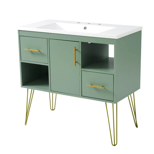 36'' Bathroom Vanity with Resin Sink Combo Set, Modern Freestanding Single Bathroom Cabinet with 2 Drawers & 2 Storage Compartments, Storage Cabinet for Bathroom, Solid Wood Frame Vanity Set, Green Default -DTYStore
