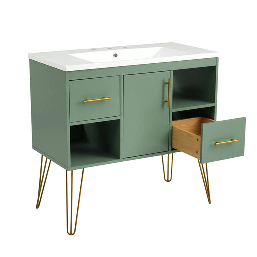36'' Bathroom Vanity with Resin Sink Combo Set, Modern Freestanding Single Bathroom Cabinet with 2 Drawers & 2 Storage Compartments, Storage Cabinet for Bathroom, Solid Wood Frame Vanity Set, Green Default -DTYStore