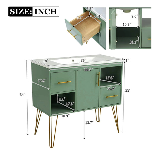 36'' Bathroom Vanity with Resin Sink Combo Set, Modern Freestanding Single Bathroom Cabinet with 2 Drawers & 2 Storage Compartments, Storage Cabinet for Bathroom, Solid Wood Frame Vanity Set, Green Default -DTYStore
