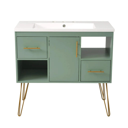 36'' Bathroom Vanity with Resin Sink Combo Set, Modern Freestanding Single Bathroom Cabinet with 2 Drawers & 2 Storage Compartments, Storage Cabinet for Bathroom, Solid Wood Frame Vanity Set, Green Default -DTYStore