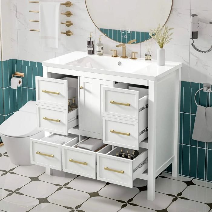 36'' Bathroom Vanity with Resin Sink Combo, Solid Wood Frame Bathroom Storage Cabinet, Freestanding Vanity Set with 5 Drawers& Soft Closing Doors Default -DTYStore