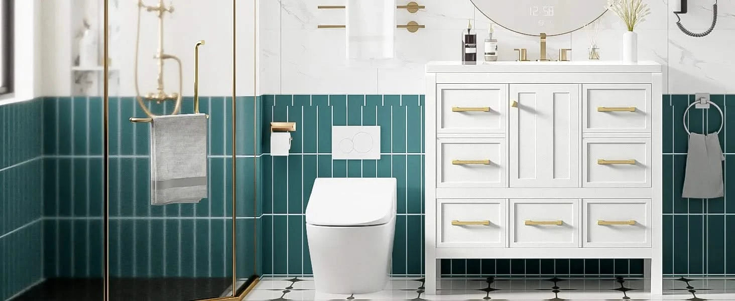 36'' Bathroom Vanity with Resin Sink Combo, Solid Wood Frame Bathroom Storage Cabinet, Freestanding Vanity Set with 5 Drawers& Soft Closing Doors Default -DTYStore