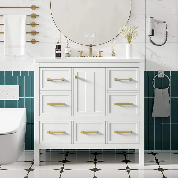 36'' Bathroom Vanity with Resin Sink Combo, Solid Wood Frame Bathroom Storage Cabinet, Freestanding Vanity Set with 5 Drawers& Soft Closing Doors Default -DTYStore