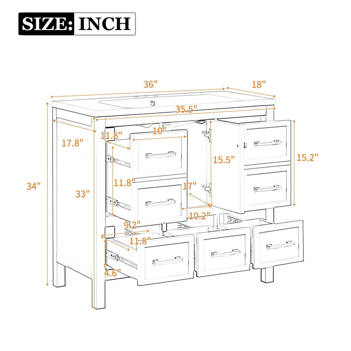 36'' Bathroom Vanity with Resin Sink Combo, Solid Wood Frame Bathroom Storage Cabinet, Freestanding Vanity Set with 5 Drawers& Soft Closing Doors Default -DTYStore
