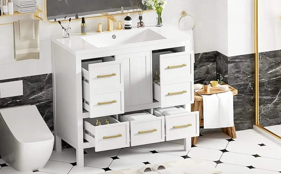 36'' Bathroom Vanity with Resin Sink Combo, Solid Wood Frame Bathroom Storage Cabinet, Freestanding Vanity Set with 5 Drawers& Soft Closing Doors Default -DTYStore