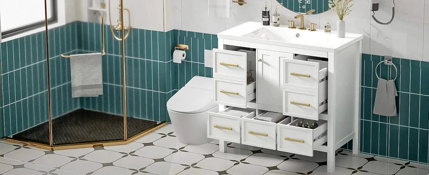 36'' Bathroom Vanity with Resin Sink Combo, Solid Wood Frame Bathroom Storage Cabinet, Freestanding Vanity Set with 5 Drawers& Soft Closing Doors Default -DTYStore