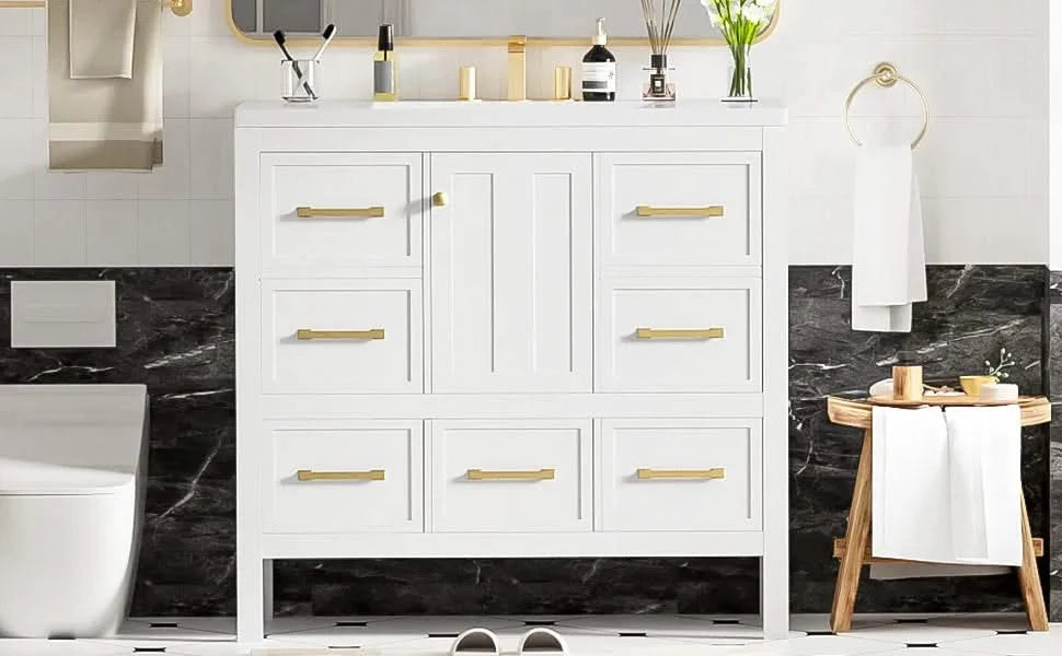 36'' Bathroom Vanity with Resin Sink Combo, Solid Wood Frame Bathroom Storage Cabinet, Freestanding Vanity Set with 5 Drawers& Soft Closing Doors Default -DTYStore