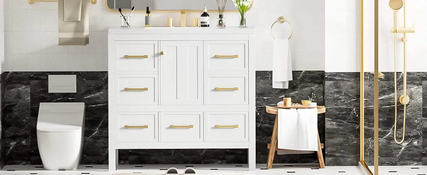 36'' Bathroom Vanity with Resin Sink Combo, Solid Wood Frame Bathroom Storage Cabinet, Freestanding Vanity Set with 5 Drawers& Soft Closing Doors Default -DTYStore