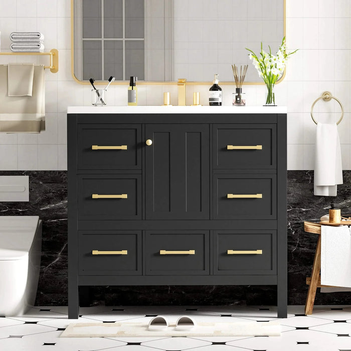 36'' Bathroom Vanity with Resin Sink Combo, Solid Wood Frame Bathroom Storage Cabinet, Freestanding Vanity Set with 5 Drawers& Soft Closing Doors (Same as N710S136002B+SW000142AAB ) Default -DTYStore